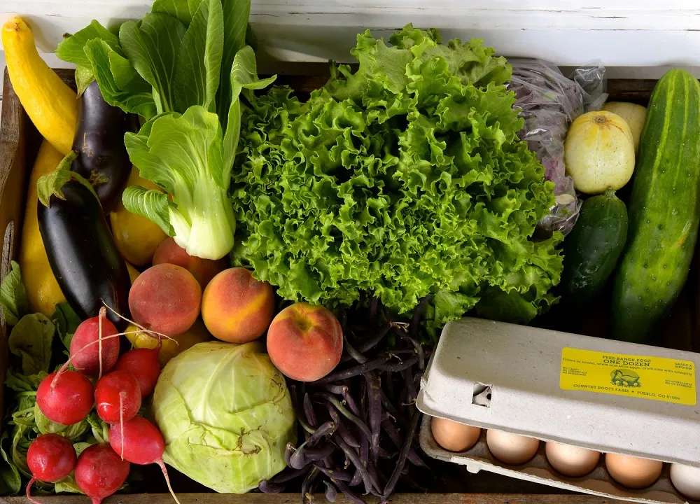 Box of vegetables and other food